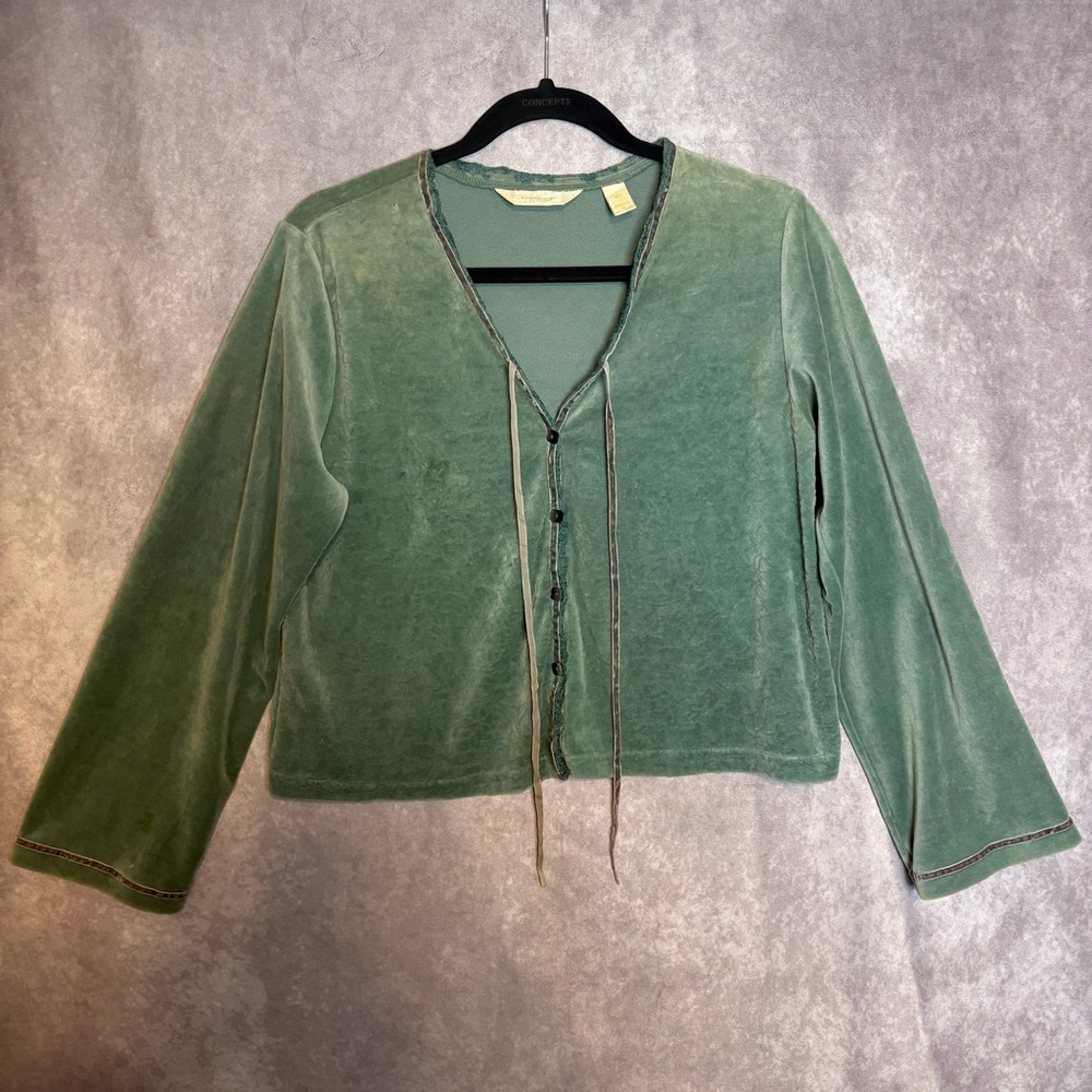 Vintage Victoria's Secret Green Embossed Velvet Bell Sleeve Button Down Top L